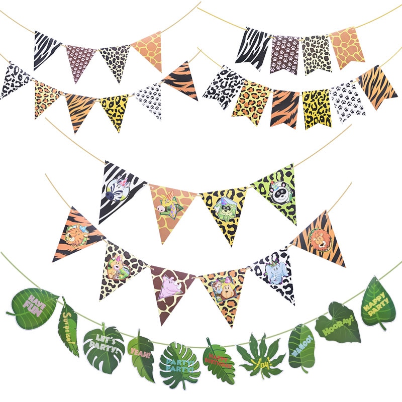 1 sæt jungle fødselsdagsbannere dyr guirlande fødselsdag papir vimpel palmeblad flag bunting baby shower safari dyr dekoration