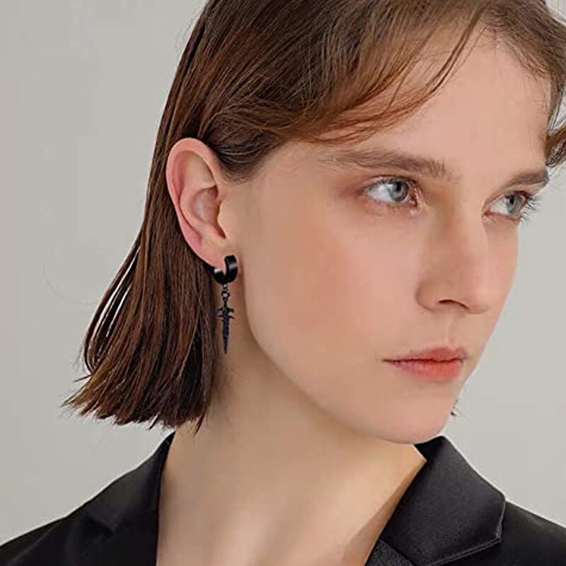 5 Pairs of Punk Hip Hop Stainless Steel Black Dagger Geometric Triangle Cross Sword Pendant Earring Set Men and Women Youth