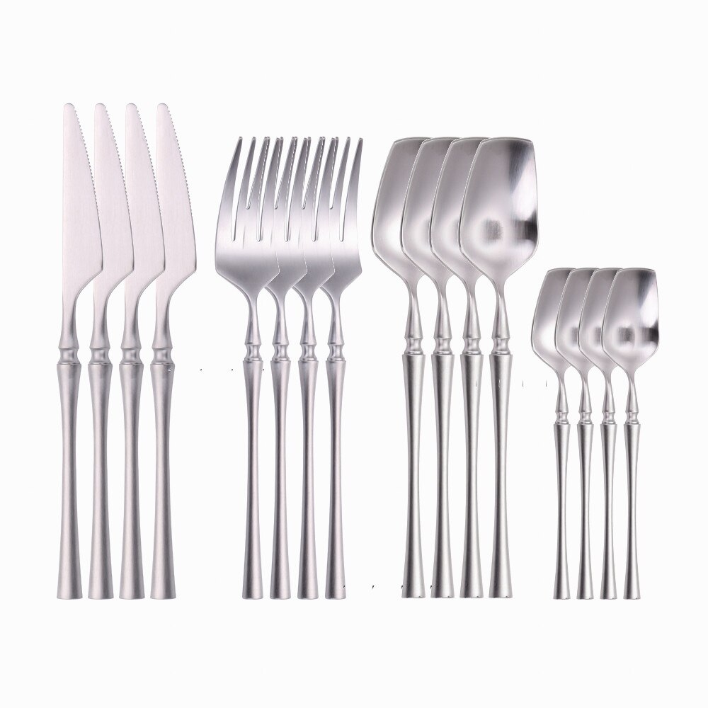 Rose Gold Tableware Forks Spoons Knives Dinnerware Set Stainless Steel Western Cutlery Set Silver Kitchen Utensils Dropshopping: matte silver 16pcs