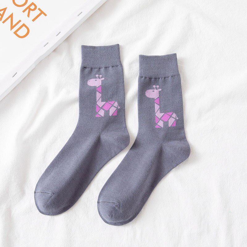 Calcetines largos de algodón con dibujos de animales y jirafa para mujer, para Otoño e Invierno: gray
