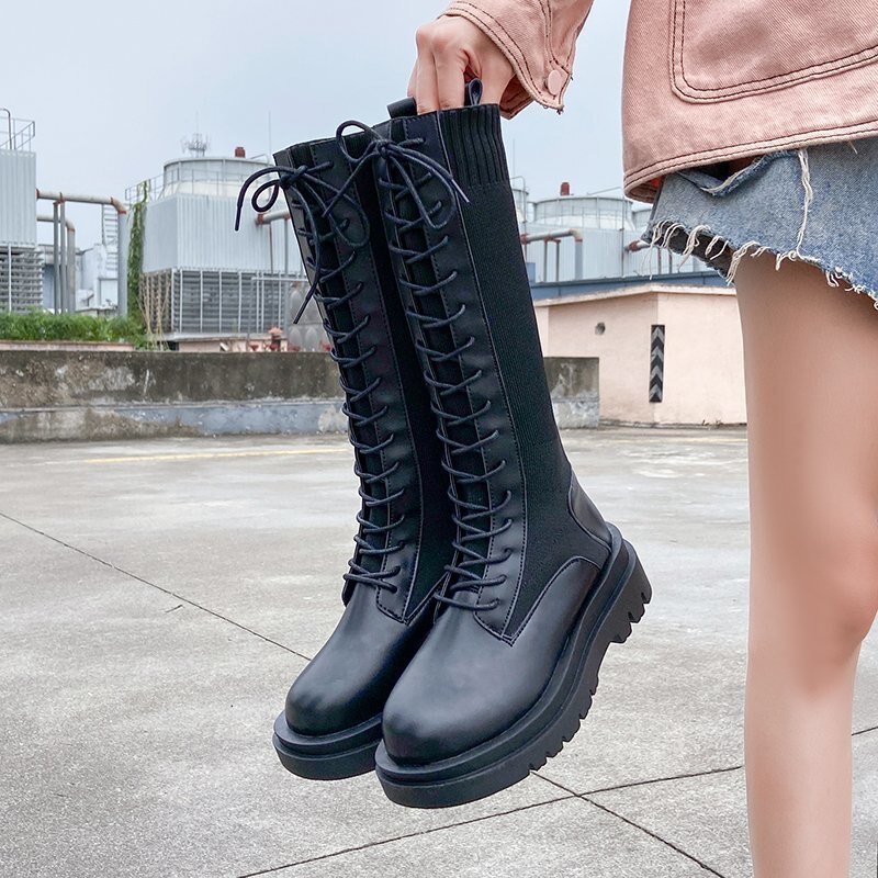 automne femmes tricot tissu élastique genou bottes hautes à lacets plate-forme longues bottes femme PU Patchwork moto Botas Mujer