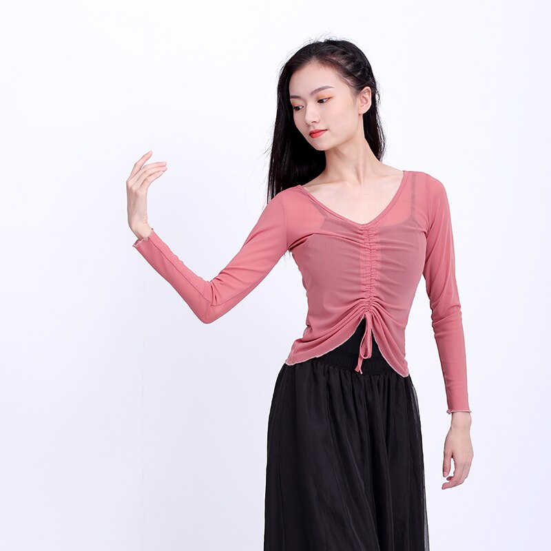 Women Mesh Dance Tops Drawstring Ballet Dance Overall Long Sleeve Adults Teen Girls Dance Tops Transparent Blouse Ballet Outfit
