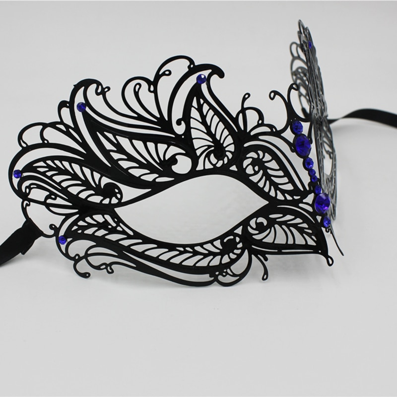 Masque de mascarade noire vénitienne pour femmes, , en métal léger, à strass rouges, bleus ou roses, pour Costume de fête, bal de mariage