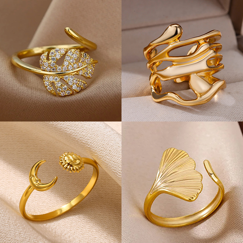 Palmenblattförmige ringe für damen, edelstahl, zirkonia, verstellbarer fingerring, partyschmuck, Schmuckstück femme
