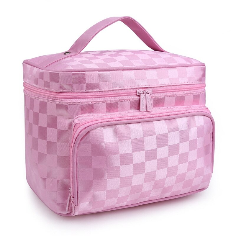 Do Not Miss Women Cosmetic Makeup Bag Folding Travel Makeup Organizer Bag Waterproof Cosmetic Bag Makeup Brushes Case Wash Bags: Pink lattice