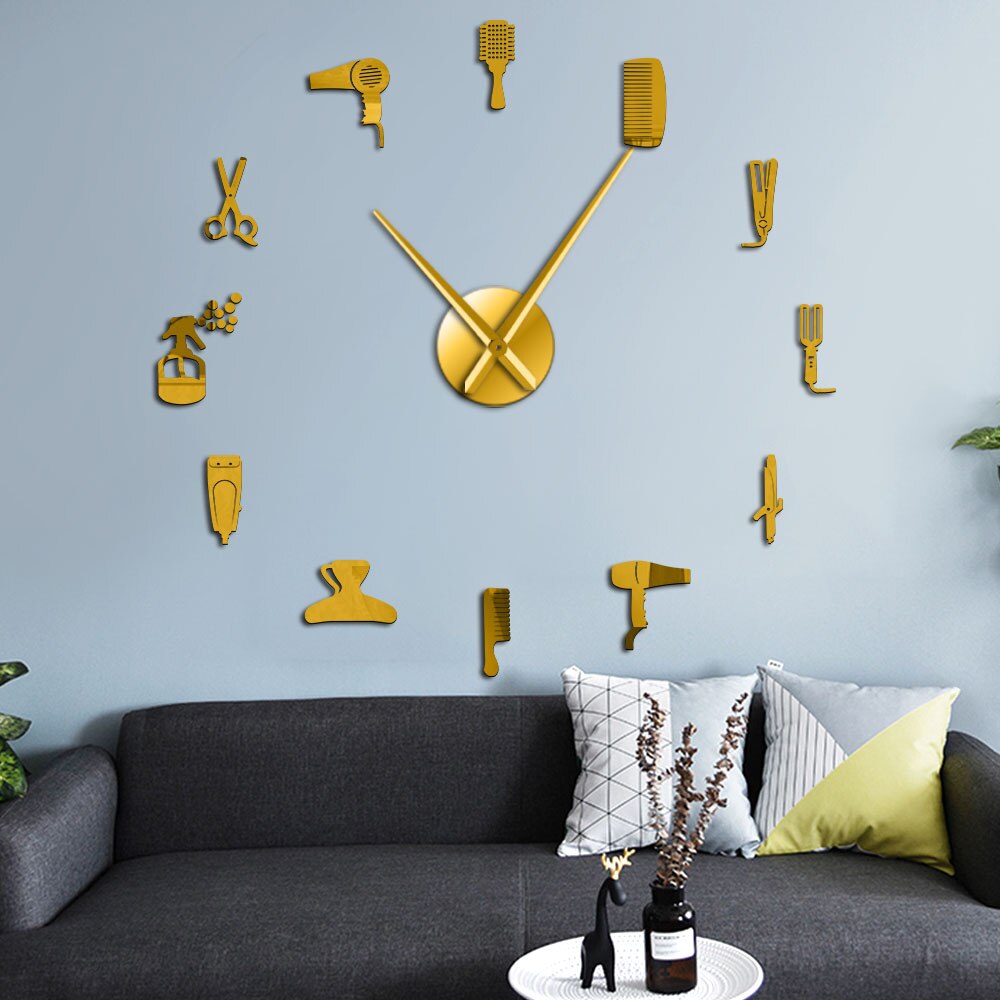 Reloj de pared para barbería, herramienta para el cabello, pegatinas grandes, salón de belleza sin marco, relojes grandes, reloj de pared de peluquería, moderno
