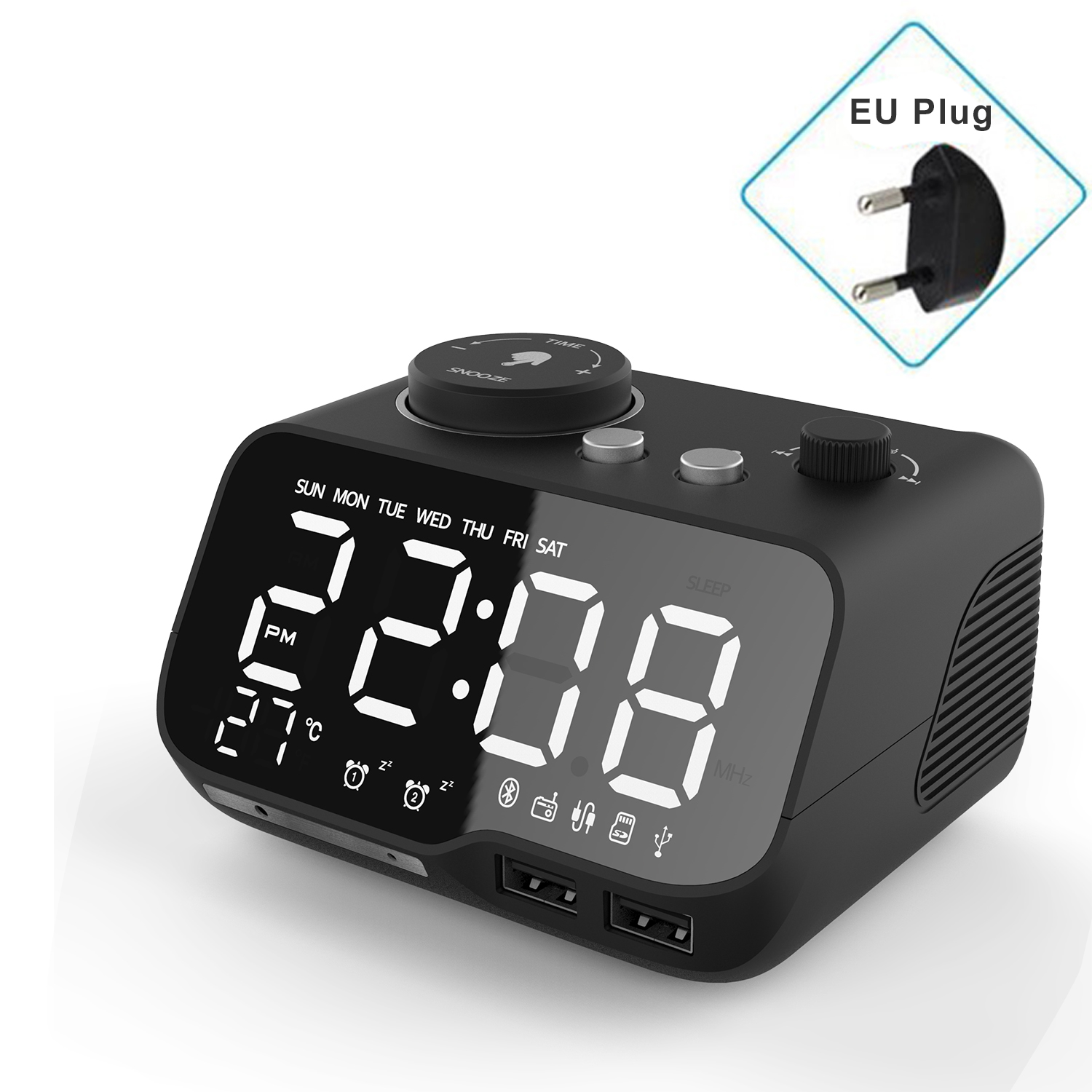 Miclock【actualizado-reloj despertador con cargador USB, despertador Digital LED con Radio FM, Altavoz Bluetooth, temperatura, repetición: Black-EU Plug