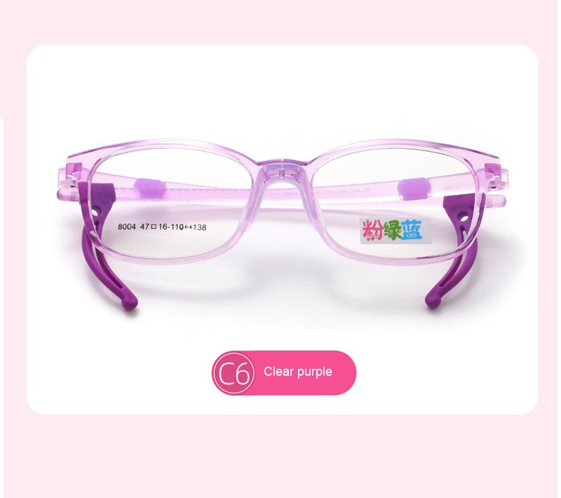 Glasses Frame Adjustable Temple kids Girl's Transparent Square Tr90 Eyeglasses Upgrade Silicone Nose Pad Boy's Spectacle BSX8004: C6 Clear Purple