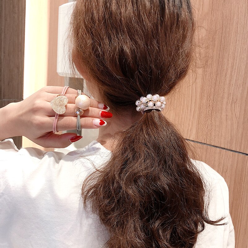 M mism perlsscrunchy for kvinder piger romantisk hår tilbehør modish koreansk stil elastisk hår hænder