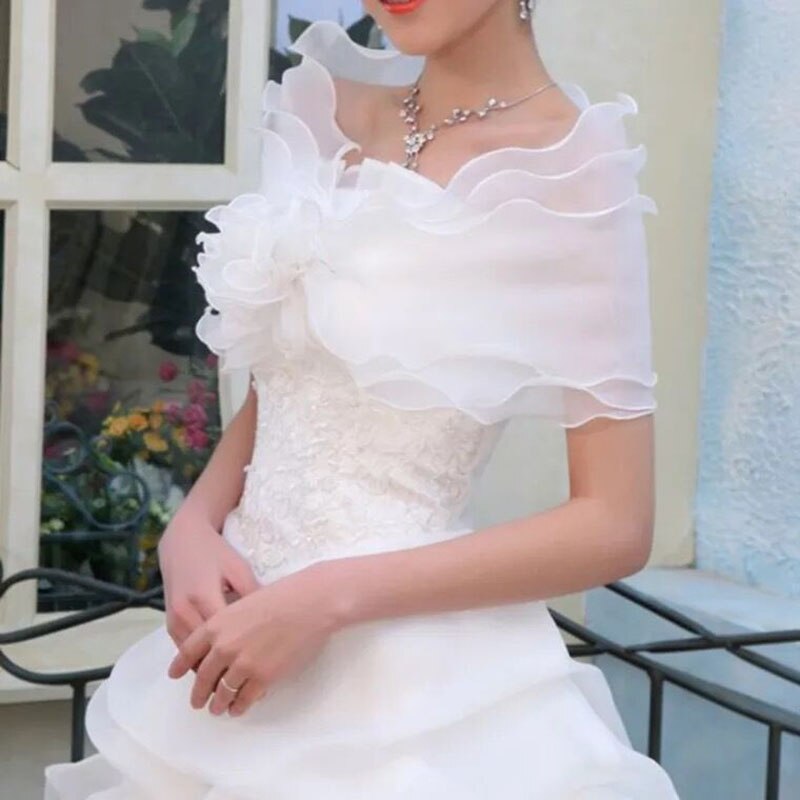 Chaqueta informal de Organza para mujer, abrigo de tres capas con volantes, hombros al descubierto, envoltura de boda, color blanco