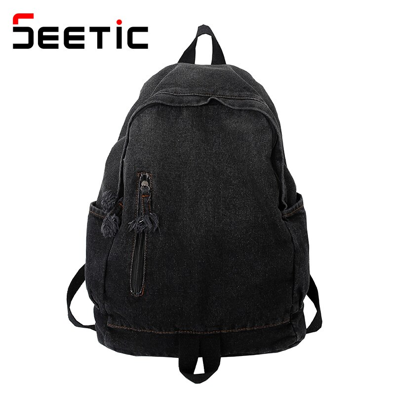 Damen-rucksack aus weichem canvas, gewaschen, schulrucksack aus denim, unisex-reiserucksack mit großem fassungsvermögen, damenrucksack: Schwarzer rucksack