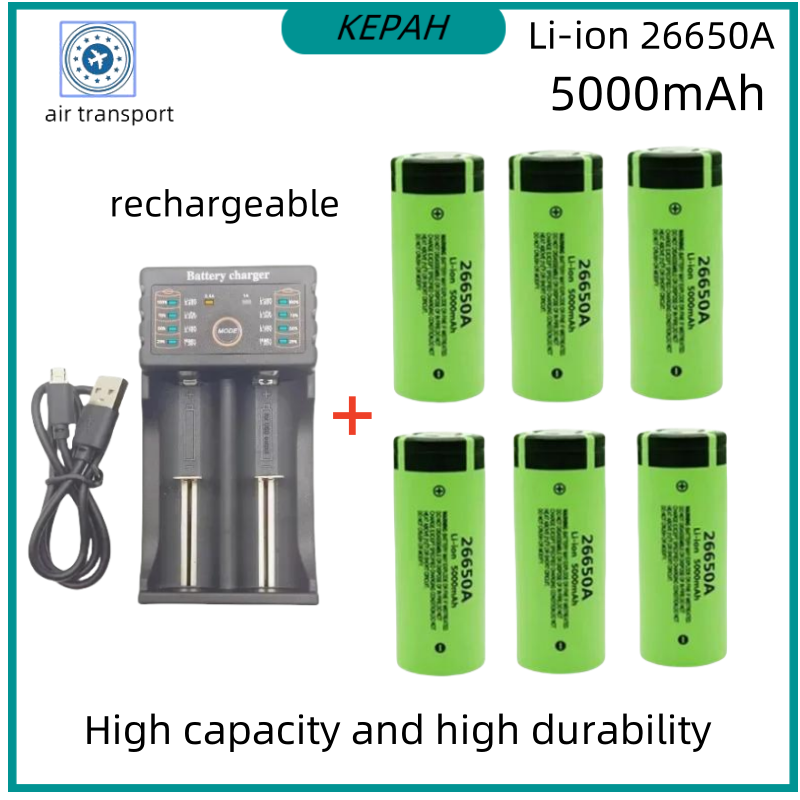 Original hochwertiger 26650-Akku 5000 mAh 3,7 V 50 A Lithium-Ionen-Akku für 26650 A LED-Taschenlampe + Ladegerät
