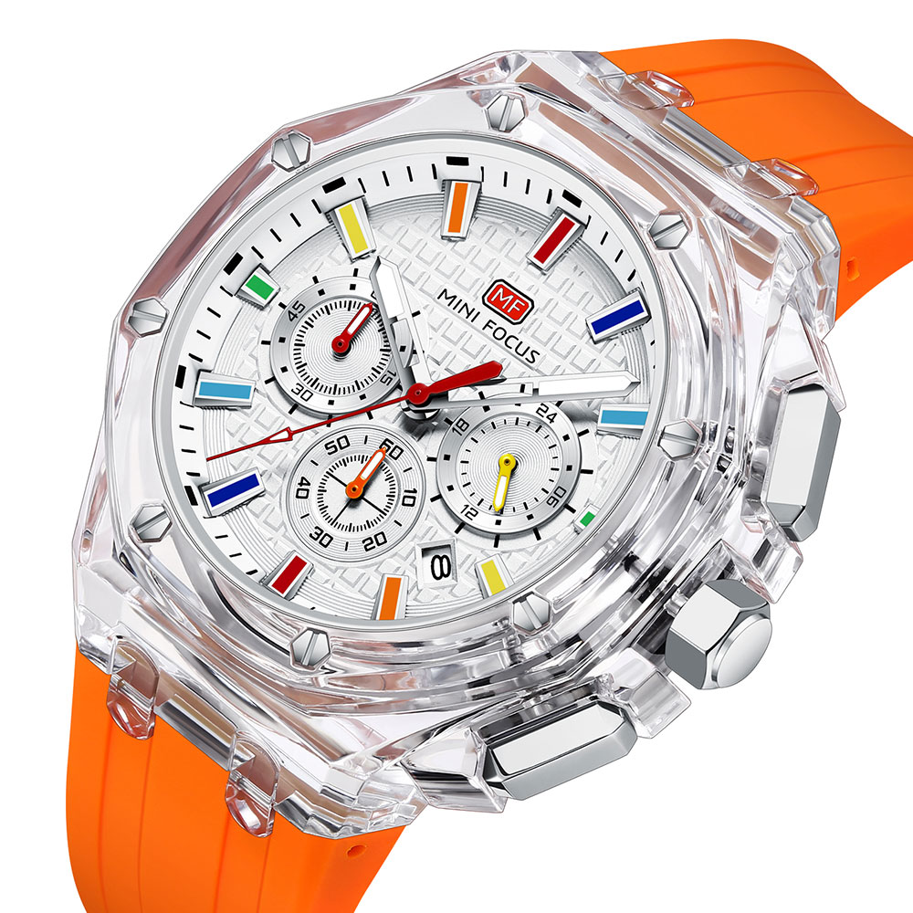 MINI FOCUS Relojes deportivos de cuarzo para hombre con correa de silicona naranja Cronógrafo Reloj de pulsera luminoso resistente al agua con calendario