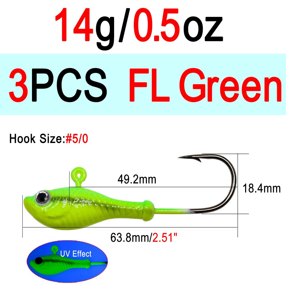 ICERIO 3 stücke 10g 14g 28g glühen Angeln Locken Metall Swimbait Jig Köpfe Haken Bucktail Jig Köpfe salzwasser Wackeln Köder Halfter Haken: 3Stck 14g FL Grün