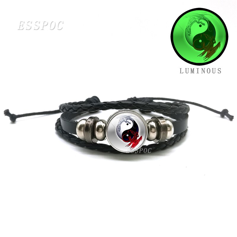 Mode Mannen Yin Yang Kat Lichtgevende Glazen Cabochon Drukknoop Armband Glow in Dark Yin Yang Zwart Lederen Armband: As show 4