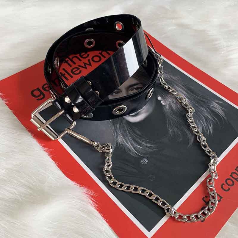 punk Delle Donne di Modo Trasparente Cintura con Catena Singola Riga Foro PVC Trasparente Spille Fibbia Femminile Della Vita Della Cinghia di Nuovo Pantaloni Dei jeans cinture: nero con chain