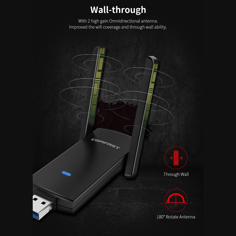 USB Wifi Adapter 1300Mbps RTL8812BU Dual Band for PC Black Ethernet WiFi Dongle External Antenna Wi Fi Receiver Network Card