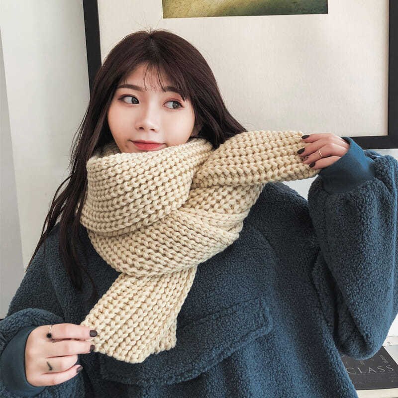 Kvinder strikket tørklæde vinter varm tyk lang håndlavet uld tørklæder koreansk sød ensfarvet bløde tørklæder mujer femme