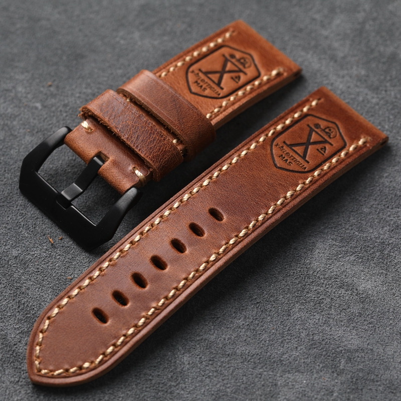 Handgefertigtes Echtleder-Uhrenarmband 20 22 24 26 mm Vintage Distressed First Layer Rindsleder Weiches Vintage-Armband für PAM111 441: Kohle schwarz / 25mm