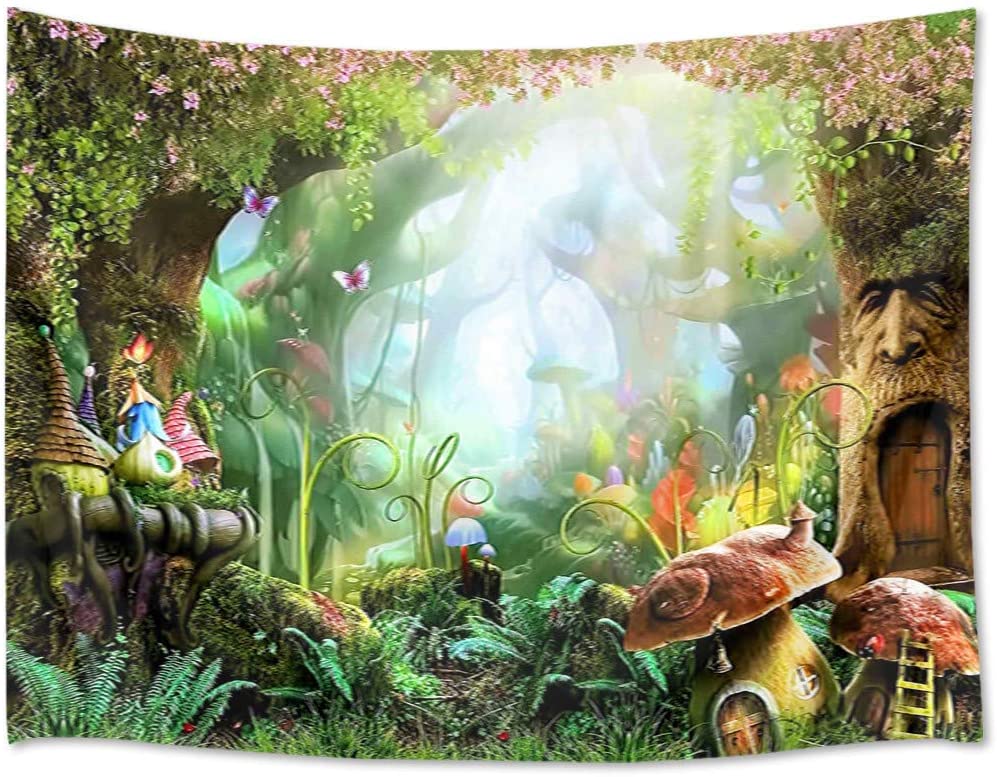 Fairy Tale Forest Tapestry Wall Hanging Magic Mushroom and Trees Wall Tapestry Spring Scenery