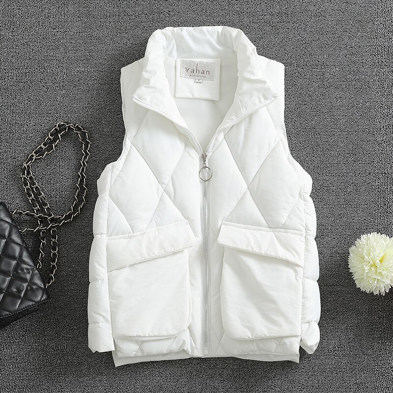 Chaleco con cremallera para mujer, chaqueta sin mangas con cuello levantado, color negro, para otoño e invierno,: Blanco / L