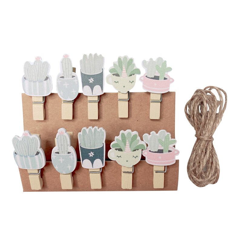 Lot de 10 clips en bois de cactus avec ficelle, pour décoration de salle, affichage de photos, papier mémo, bricolage