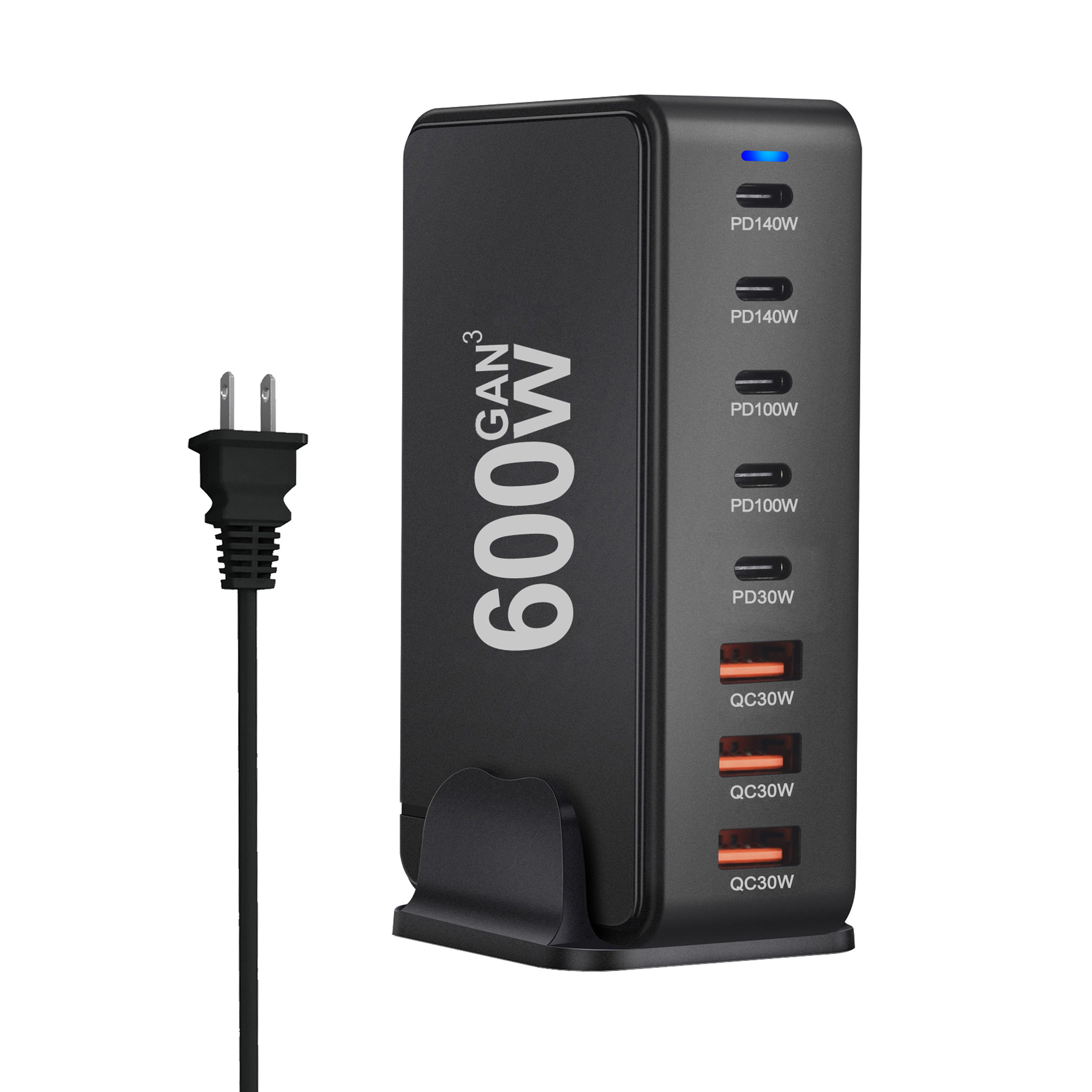 600W GaN Fast Charge 3.0 USB-C Charger with 8 Ports 5C3A PD, Portable and Suitable for Tablets: US