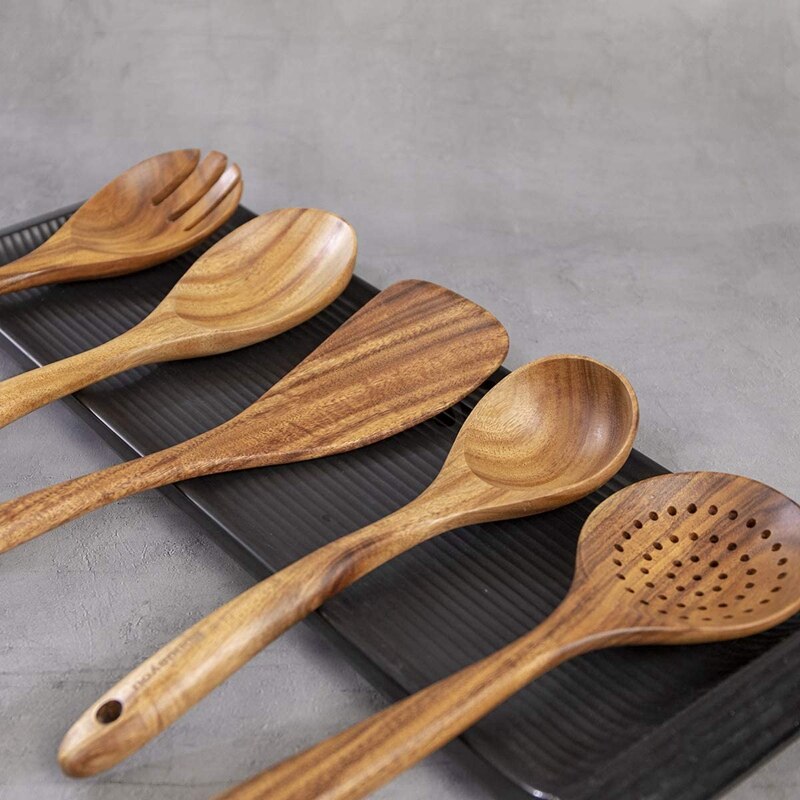 Ustensiles en bois pour cuisine, cuillères en bois pour la cuisson spatule en bois cuillère drainante fouet et fourchette à salade, ustensile de cuisine