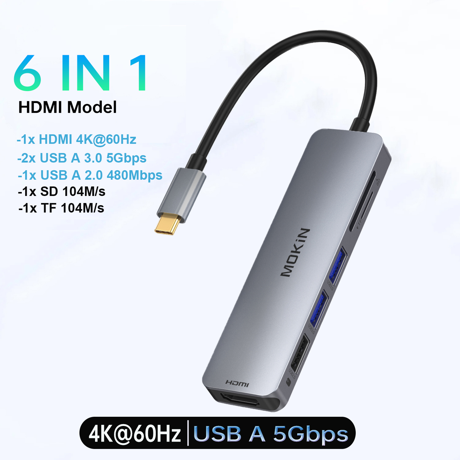 MOKiN USB C HUB 4K60Hz tipo C a HDMI PD 100W adaptador para Macbook iPad Pro M2 M1 accesorios de PC 3 USB3.0 5Gbps estación de acoplamiento: BLANCO