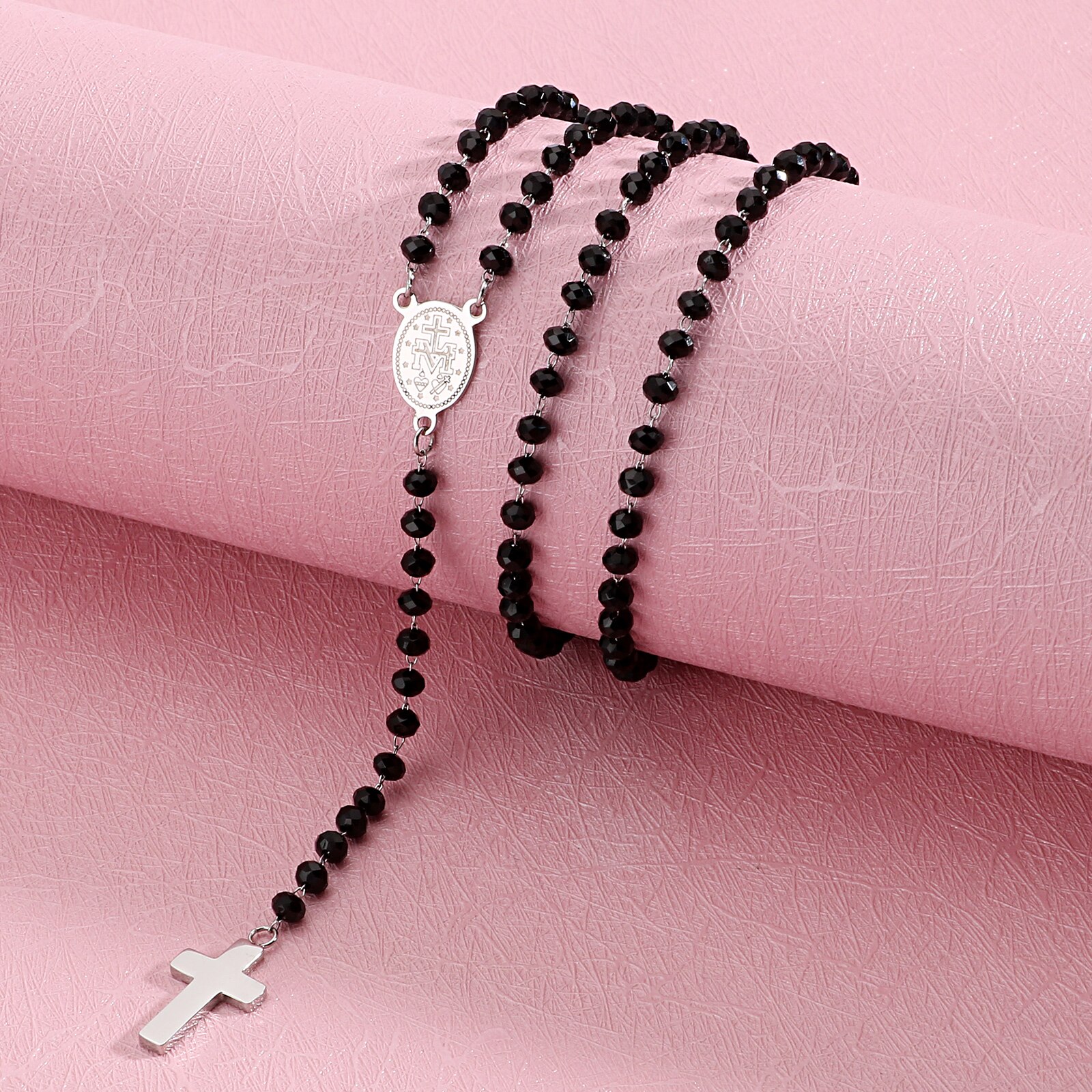 Religious link pearl necklace for women stainless steel cross virgin mary enamel necklace jewelry 60cm(23 ”) long , 1 pc