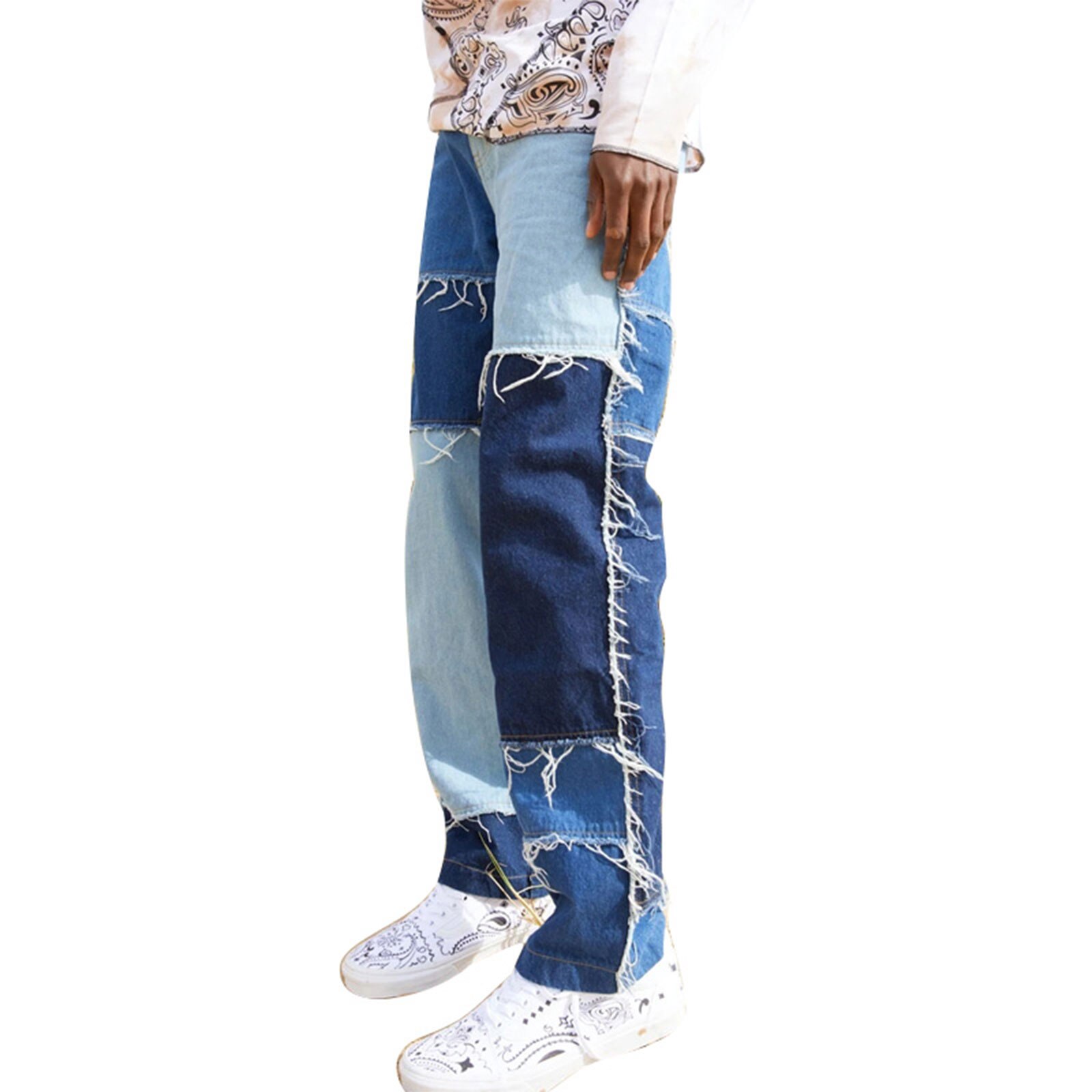 Spring Men's Straight Leg Jeans Frayed Patchwork Color Block Relaxed Fit Denim Pants Stylish Fit Long Trousers: Blue / XL