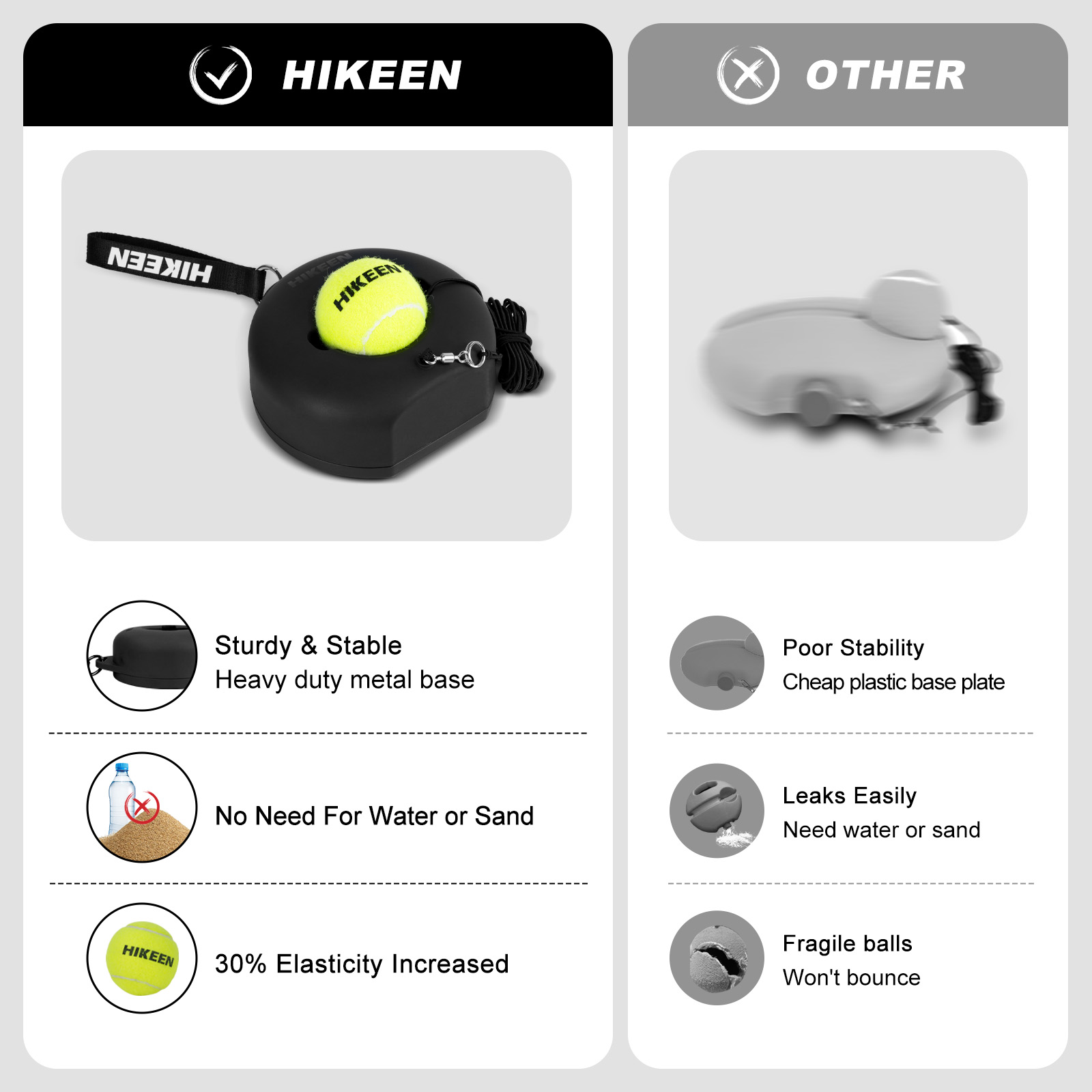 Hikeen Premium entraîneur de Tennis rebond avec Base en métal, ensemble d'entraînement de Tennis Solo Portable avec 3 balles à cordes hautement élastiques