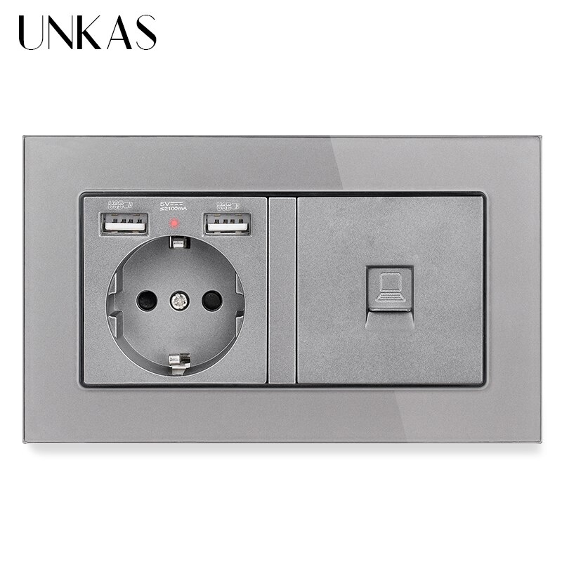 Unkas eu frans stopcontact met dubbele usb-poort + tv  rj11 telefoon  rj45 internet computeraansluiting 146mm * 86mm grijs glazen paneel stopcontact: 1 eu 1 computer  x 1
