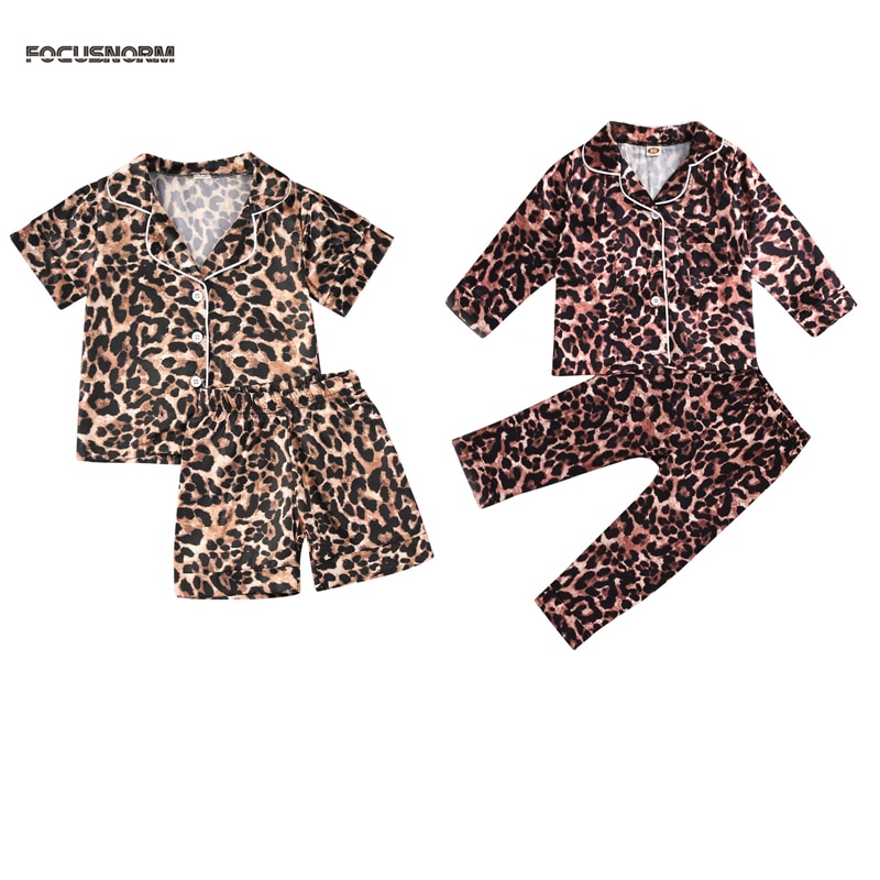 Pyjama pour bébé fille, ensemble imprimé léopard, manches courtes/longues, hauts, Short et pantalon à simple boutonnage, 2 pièces,