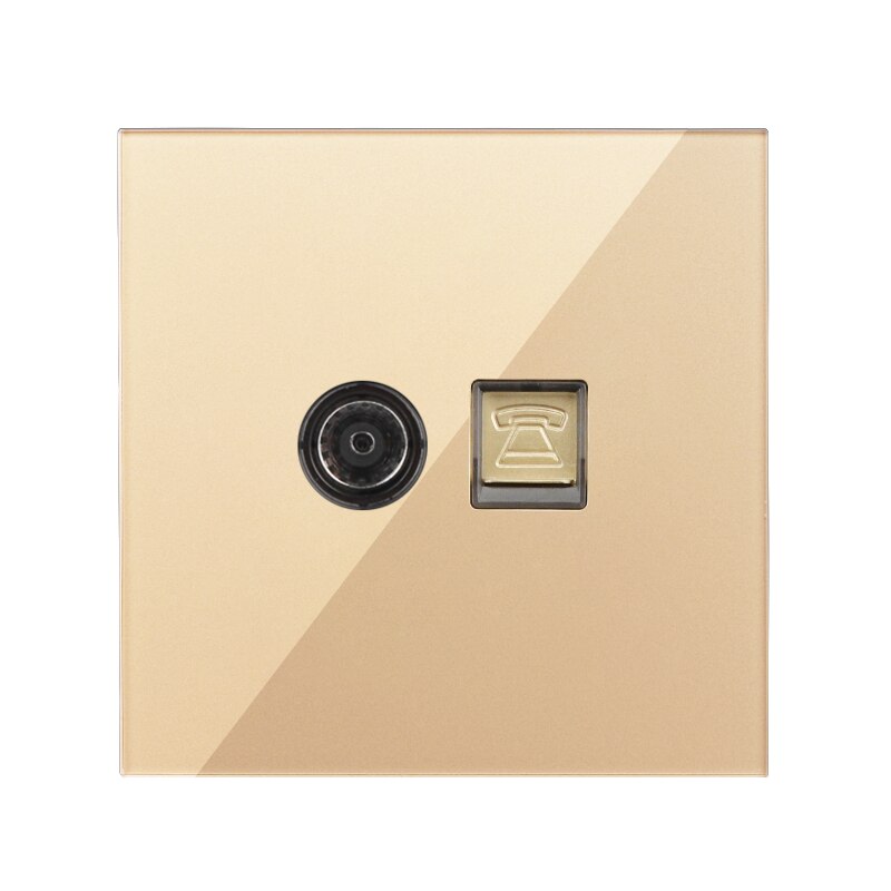 Double Socket Internet Socket Phone RJ45 Network Port Data TV Wall Socket PC Data Female Socket Luxury Gold Crystal Glass Panel: 1TV1Telephone