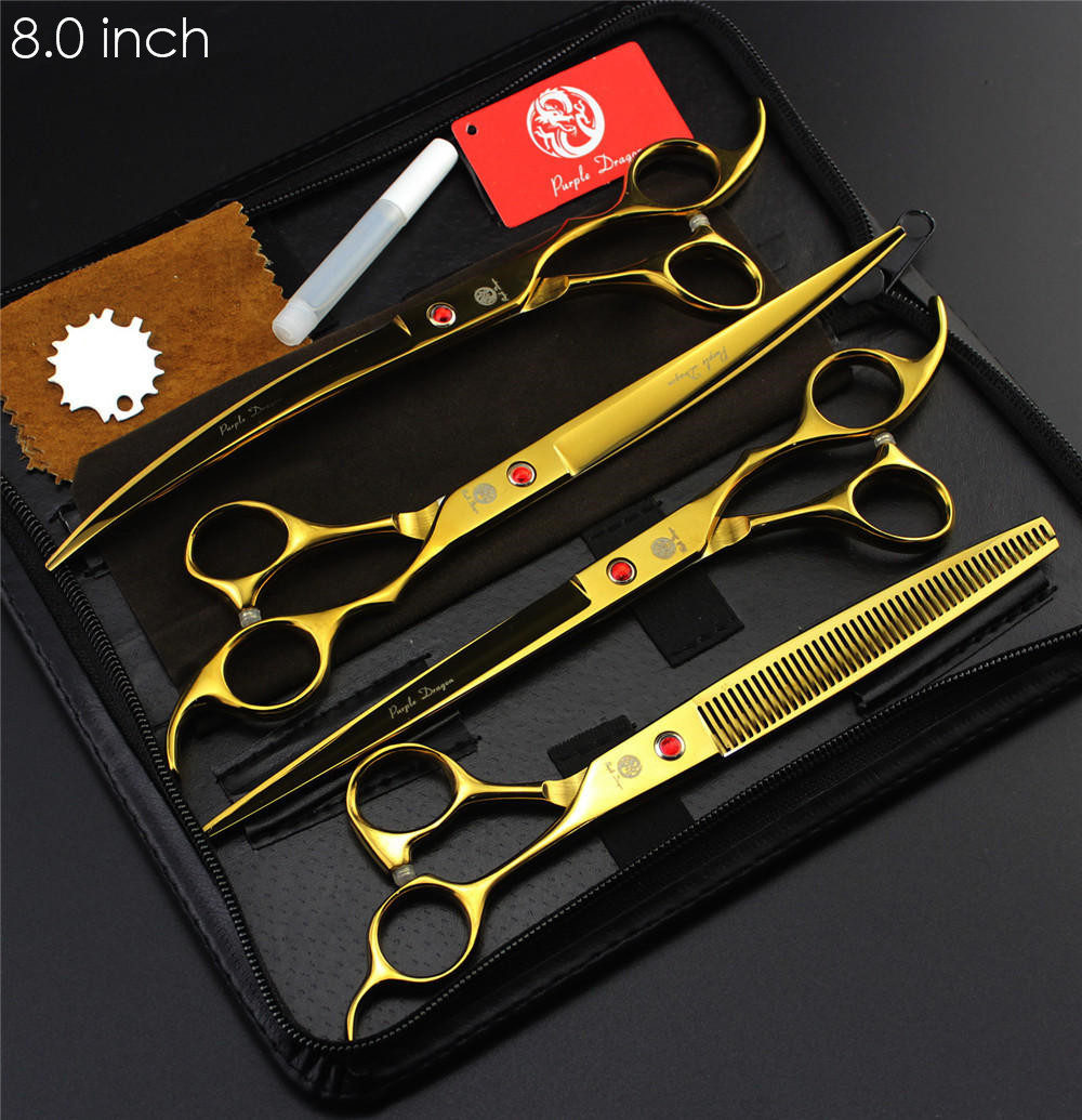 4pcs/set Pet Grooming Scissors Set 7 inch 8 inch Straight+ Curved +Thinning Shears Sharp Edge Hair Cutting Scissors: 8 inch Gold