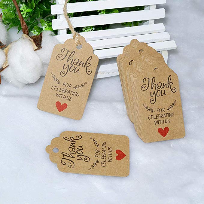 100 piezas de papel kraft gracias por celebrar con nosotros para la boda etiquetas de Paquete de etiquetas etiquetas de precio hechas a mano de joyería