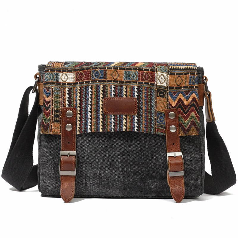 Etnische stijl Vintage Canvas Messenger Bags Mannen Vierkante Gesp Kleine Crossbody Tassen voor vrouwen Hanbags: Zwart