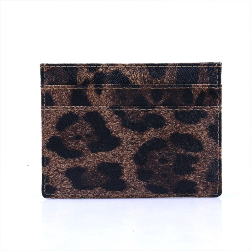 Liten mini leopard mønster pu skinn bank business id kortholder lommebokveske for menn kvinner unisex: Brun