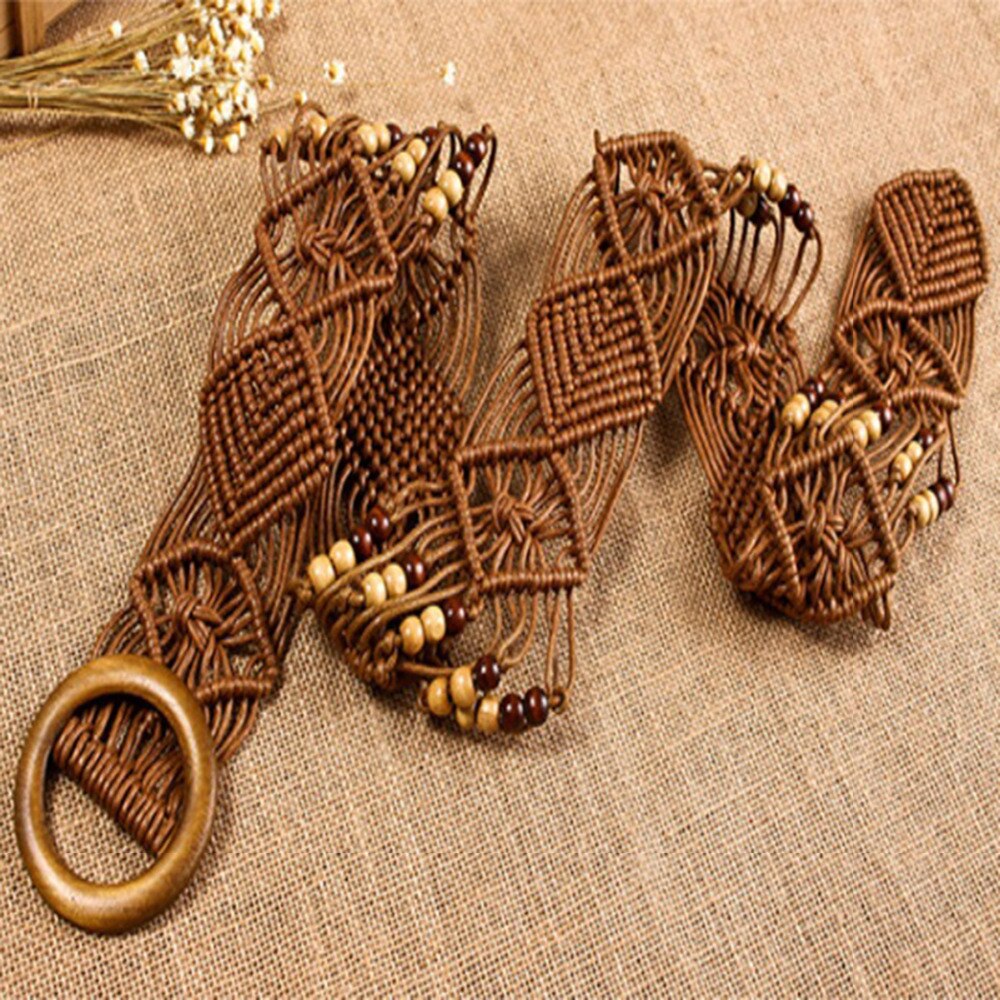 Brand Bohemian style belts for women ladies wooden bead Braided wide knitted belts for female dress