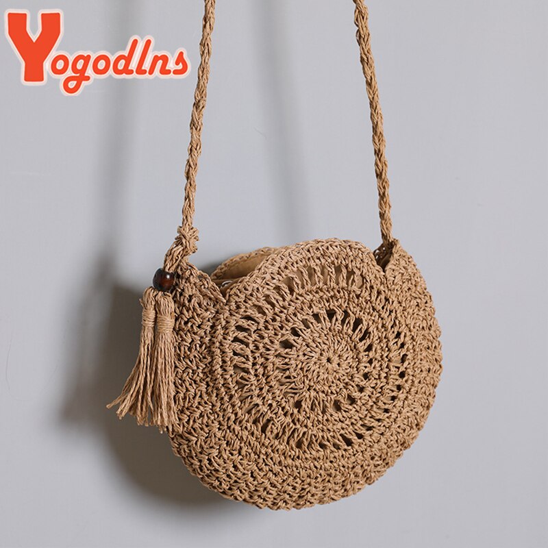 Yogodlns Ronde Zacht Papier Touw Schoudertas Kwastje Zomer Strand Handgemaakte Crossbody Tassen Vrouwen Holle Strozak Cirkel Rotan Tas