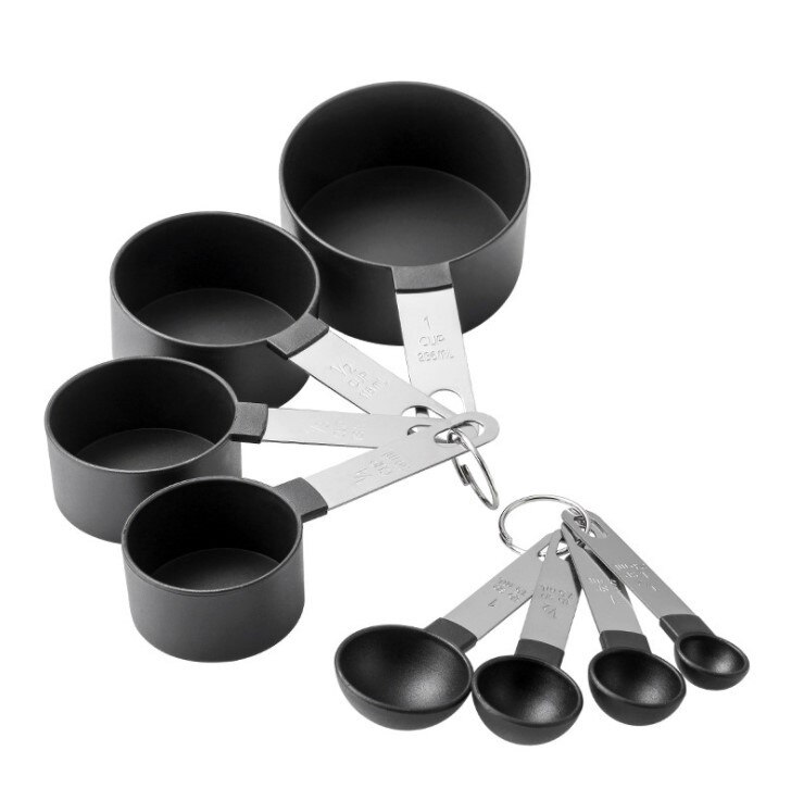 4Pcs/8Pcs Measuring Cup and Spoon Multipurpose Spoon Cup Measuring Tool Baking Accessories Stainless Steel Handle Kitchen Gadget: Black Set