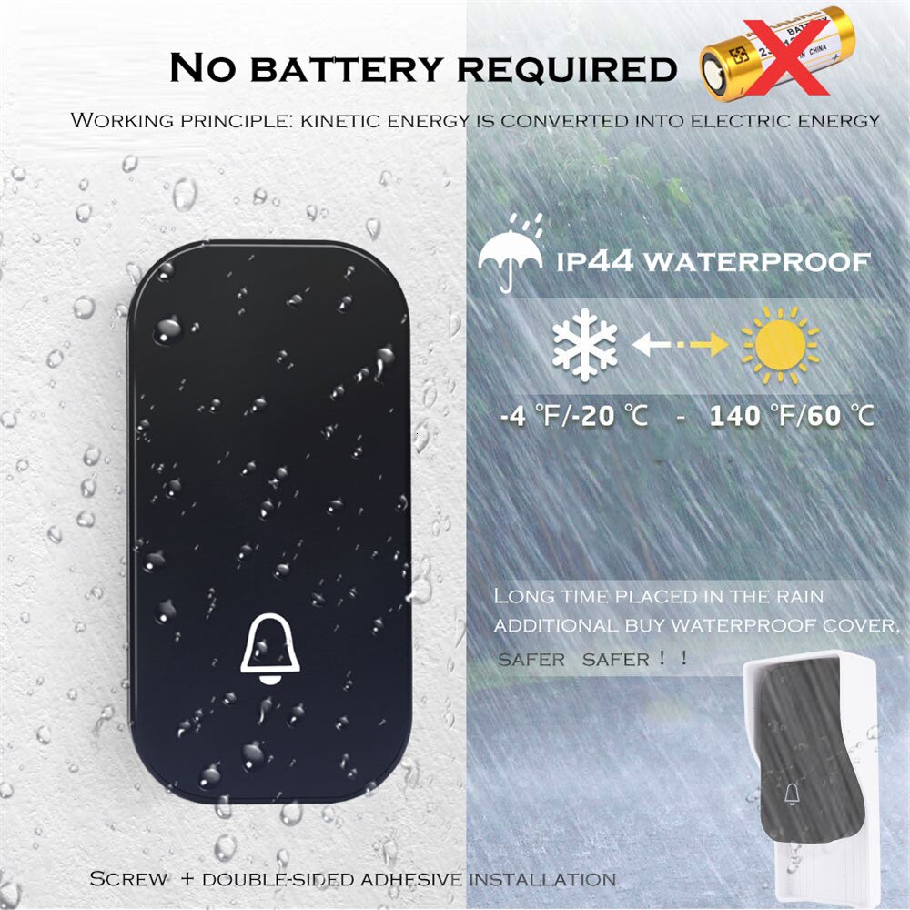 SMATRUL battery-free Cordless Bell button 2-1 receptor Cordless Bell Bell Bell without Wire to Proof D Water powered plug EU