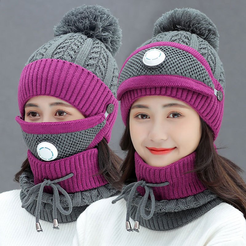 Outdoor Cycling knitted Hats Autumn Winter Knitted Hat Kit With Breathing Mask Thickened Warm Cap 3 in 1 Woman Hat Set
