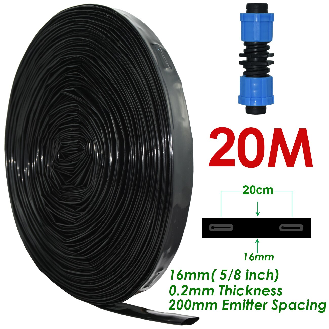 Ruban d'égouttement d'irrigation pour serre et jardin, 20-150m, 16mm, 8mil, 0.2mm, épaisseur 20cm, espacement de l'émetteur et du goutteur, 5/8 en effet, connecteur de tuyau: Violet