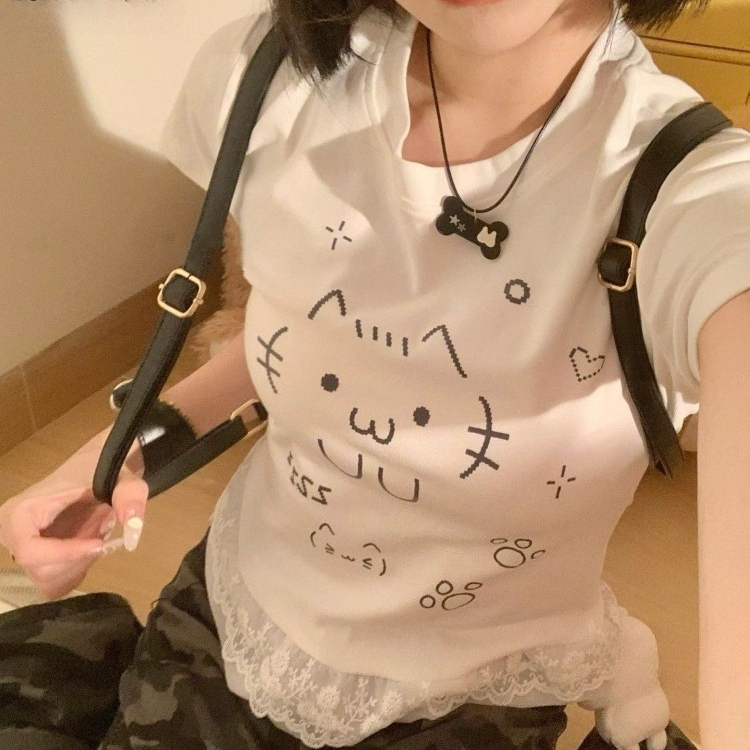 Blonde patchwork japansk kawaii søde t-shirts sommer kvinder  y2k æstetisk tegneserie kat tryk t-shirt harajuku grunge fe toppe: S
