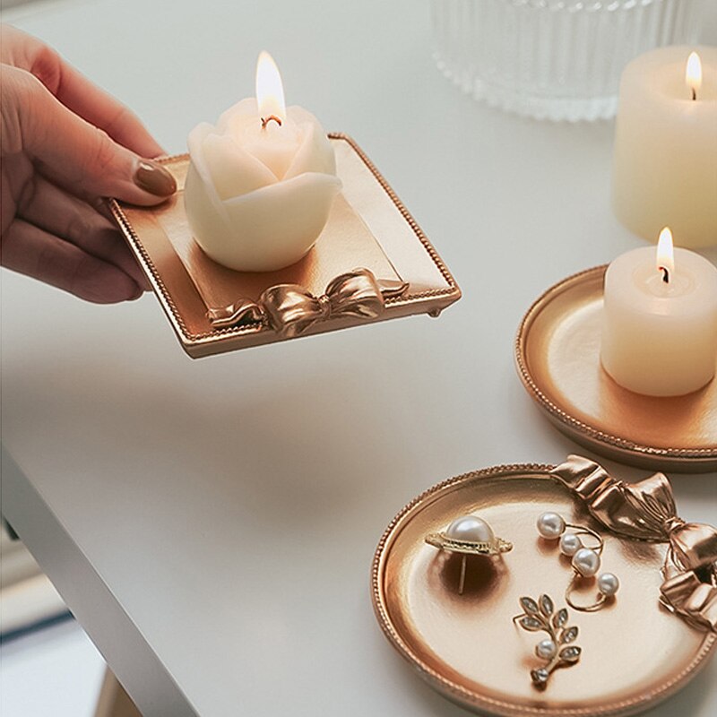 Plateau à nœud rétro carré rond chandelier parfumé Base de bougie bureau, rangement décoration conteneur ornements