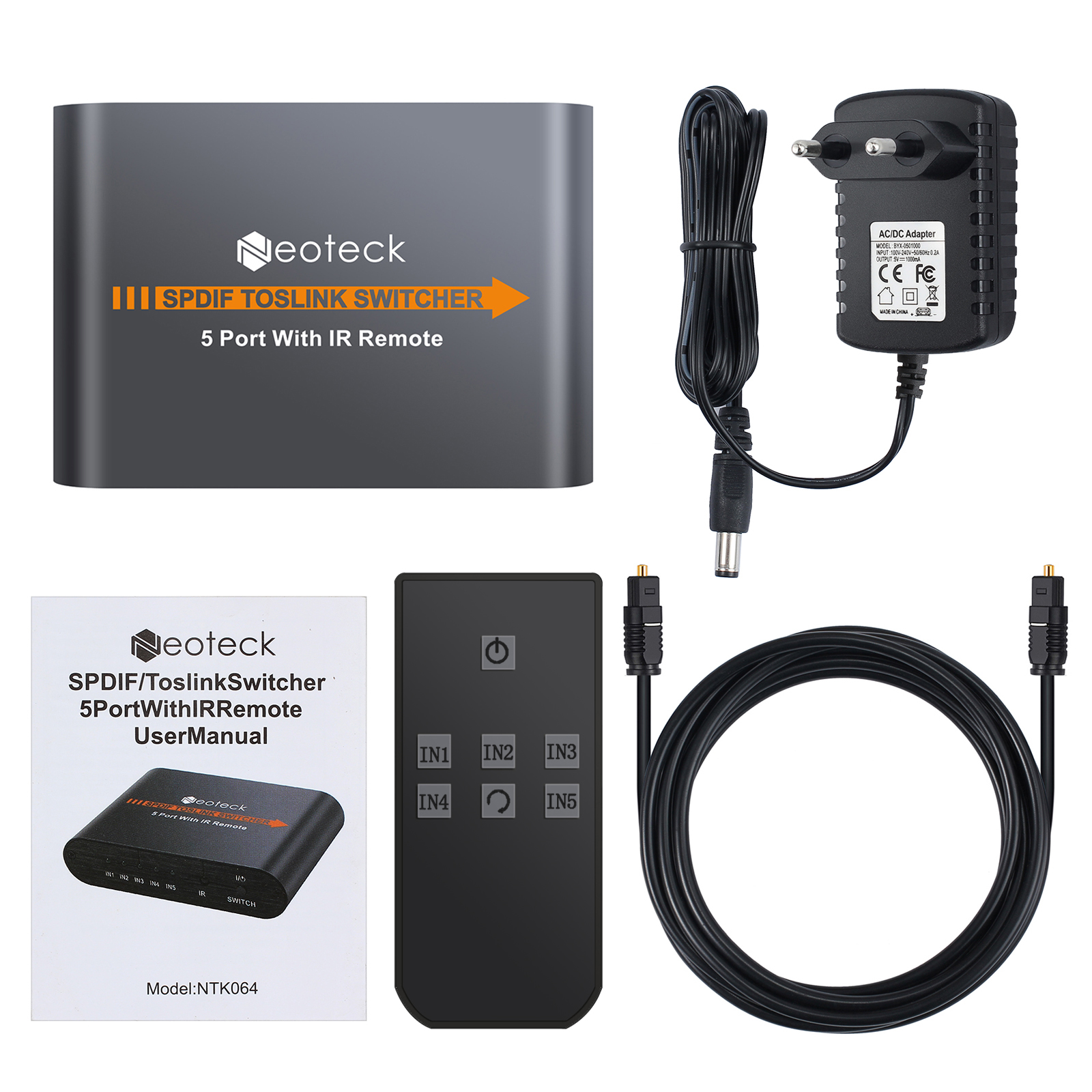 Neoteck 5x1 Optische Audio- Schalter SPDIF/TOSLINK Umschalter Splitter Adapter mit IR Fernbedienung 5 Eingang 1 ausgang Für DVD ps4