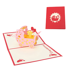3d barnevogne lykønskningskort pop up papirskåret postkort fødselsdagsfest håndlavet: Lyserød