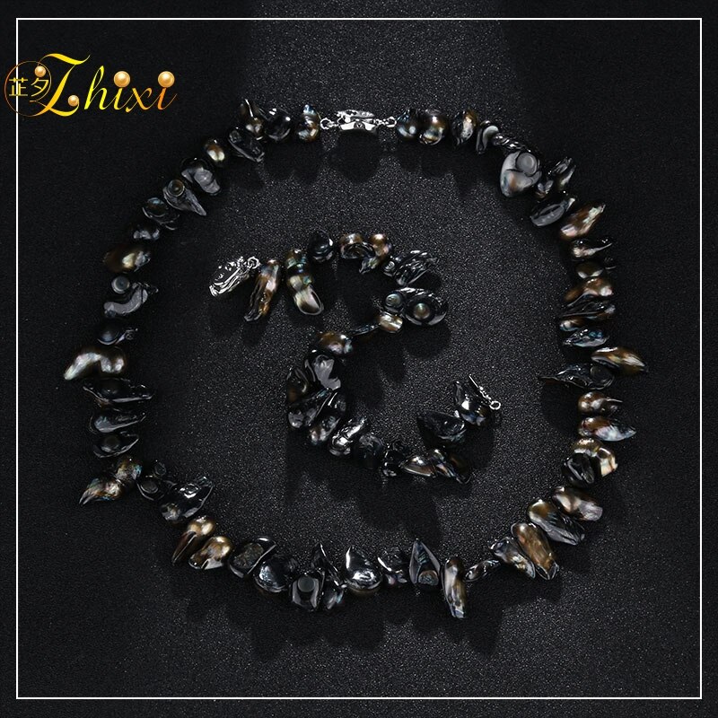 ZHIXI Pearl Jewelry Sets For Women Freshwater Baroque Pearl Choker Necklace Bracelet Black Fine Jewelry Party T235